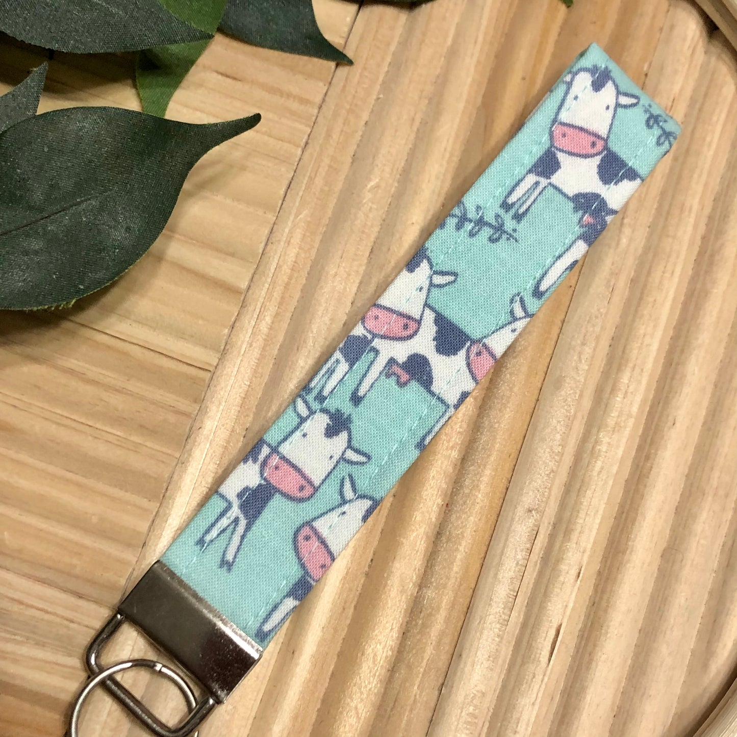 Cartoon Cow Print Fabric Wristlet Keychain, Key Fob
