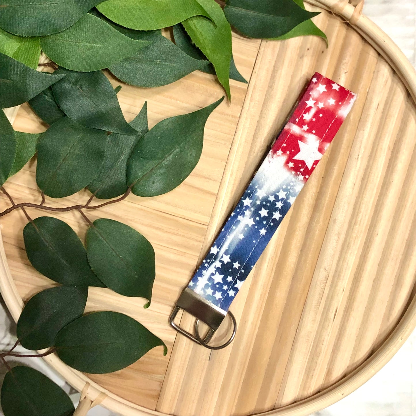 Patriotic Tie Dye Stars & Stripes Print Fabric Wristlet Keychain, Key Fob