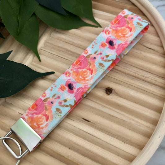 Blush Floral Print Fabric Wristlet Keychain, Key Fob