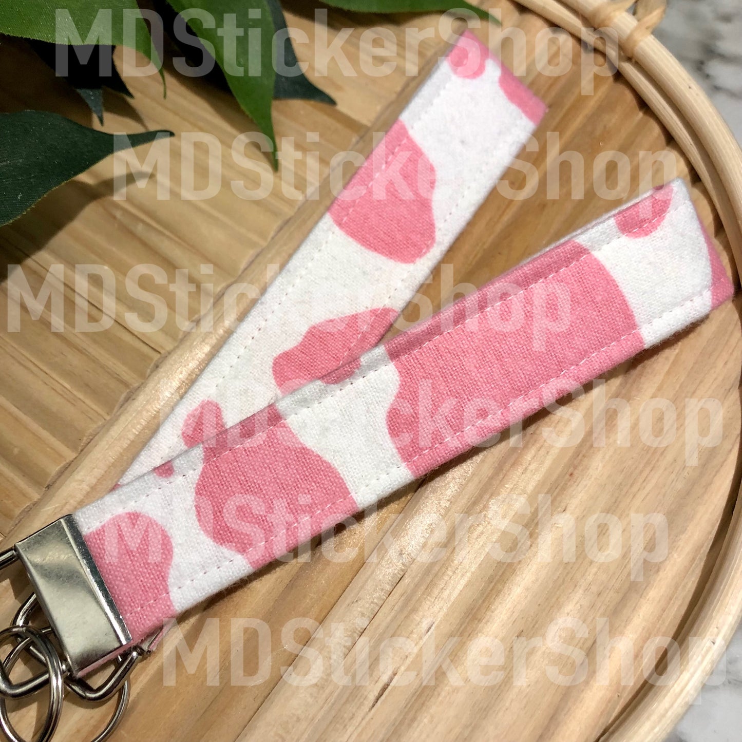 Pink Cow Print Fabric Keychain