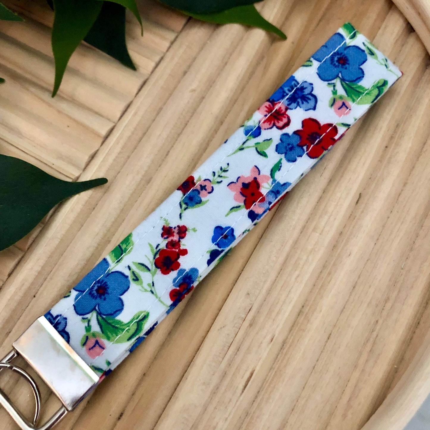 Country Floral Print Fabric Wristlet Keychain, Key Fob
