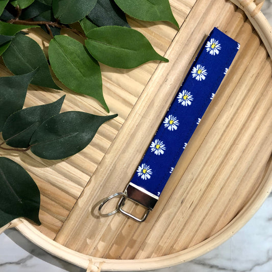 Cobalt Daisy Print Fabric Keychain, Key Fob