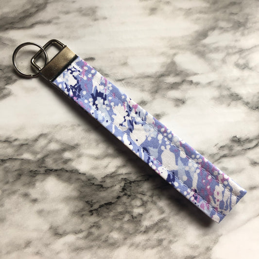 Purple and White Splatter Print Fabric Wristlet Keychain, Key Fob