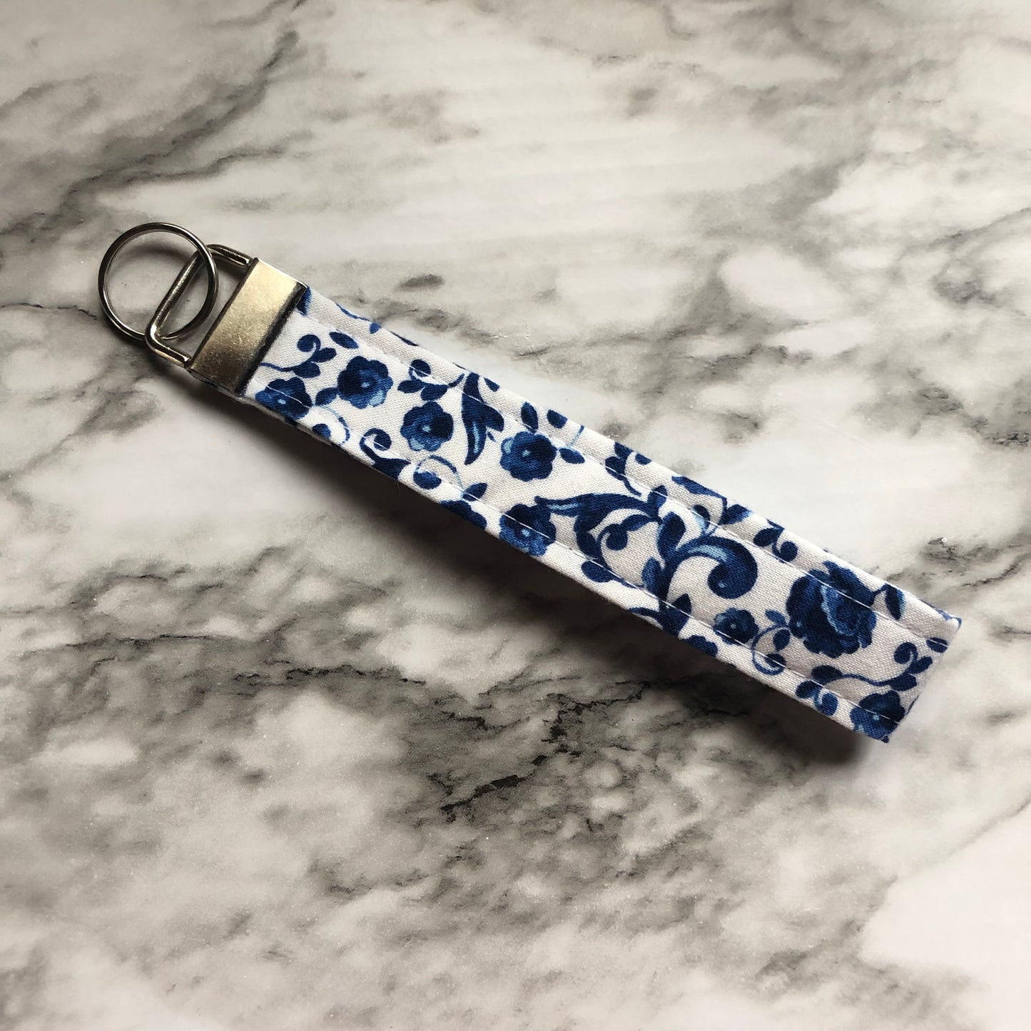 Blue and White Floral Print Fabric Wristlet Keychain, Key Fob