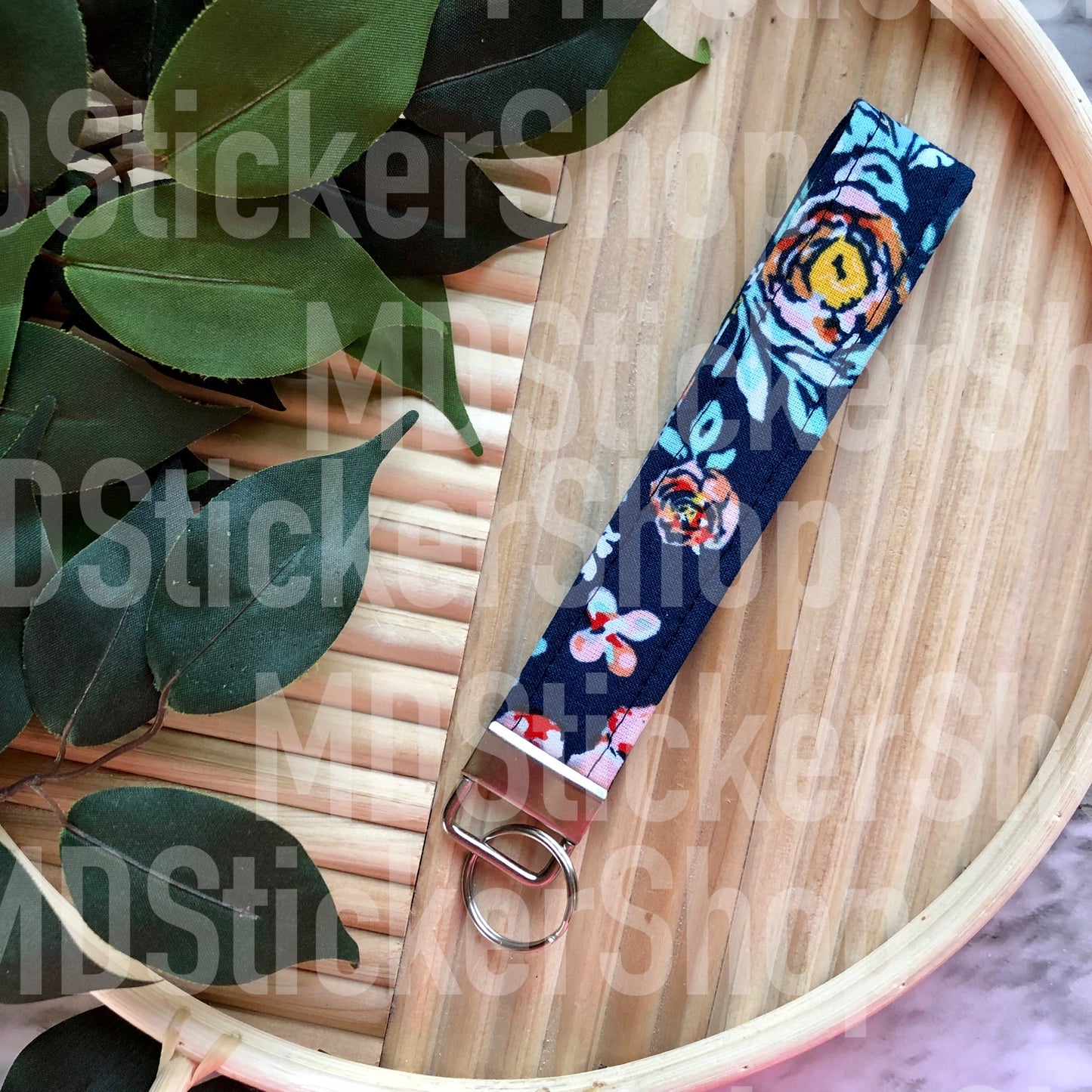 Navy Abstract Floral Print Fabric Keychain