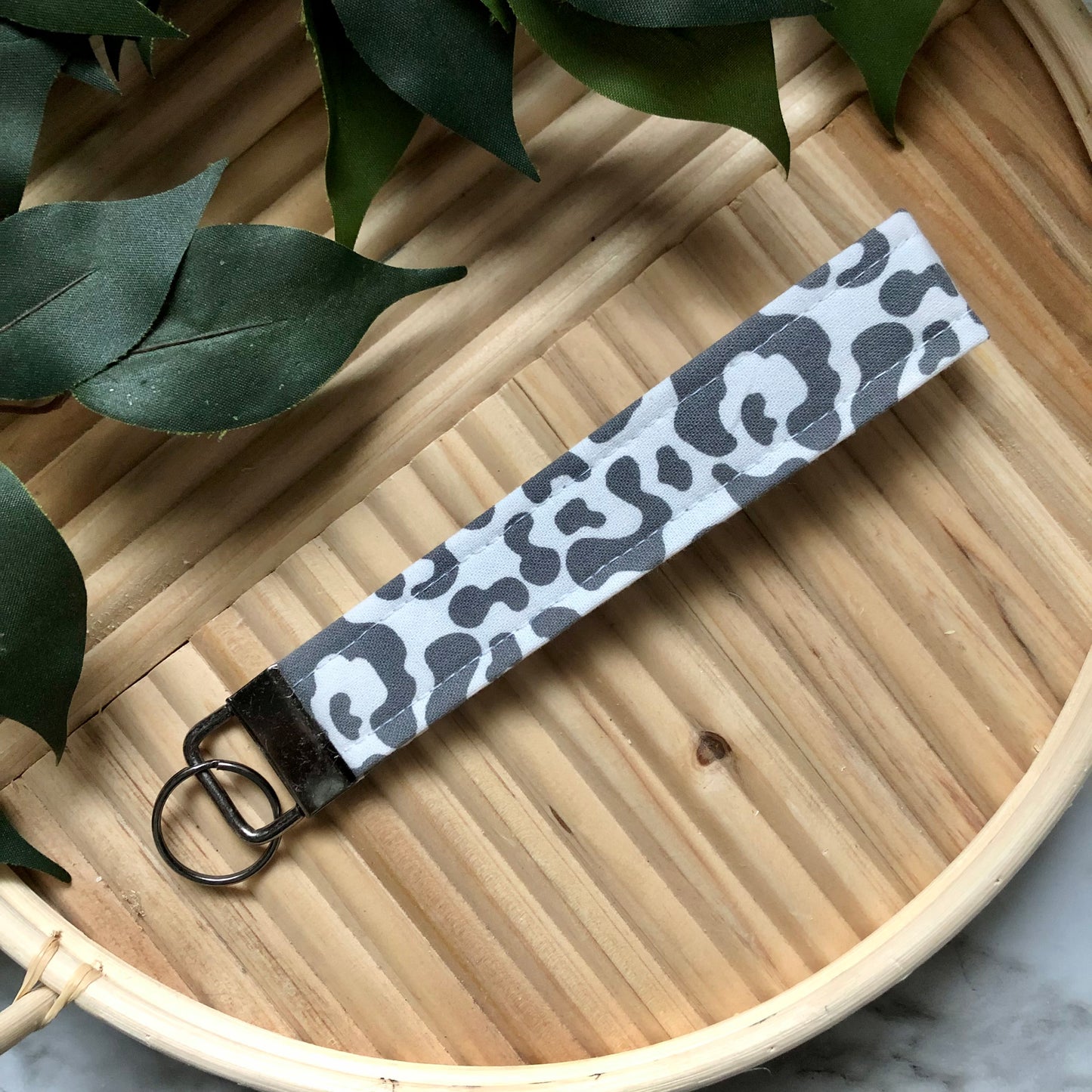 Grey and White Animal Print Fabric Wristlet Keychain, Key Fob