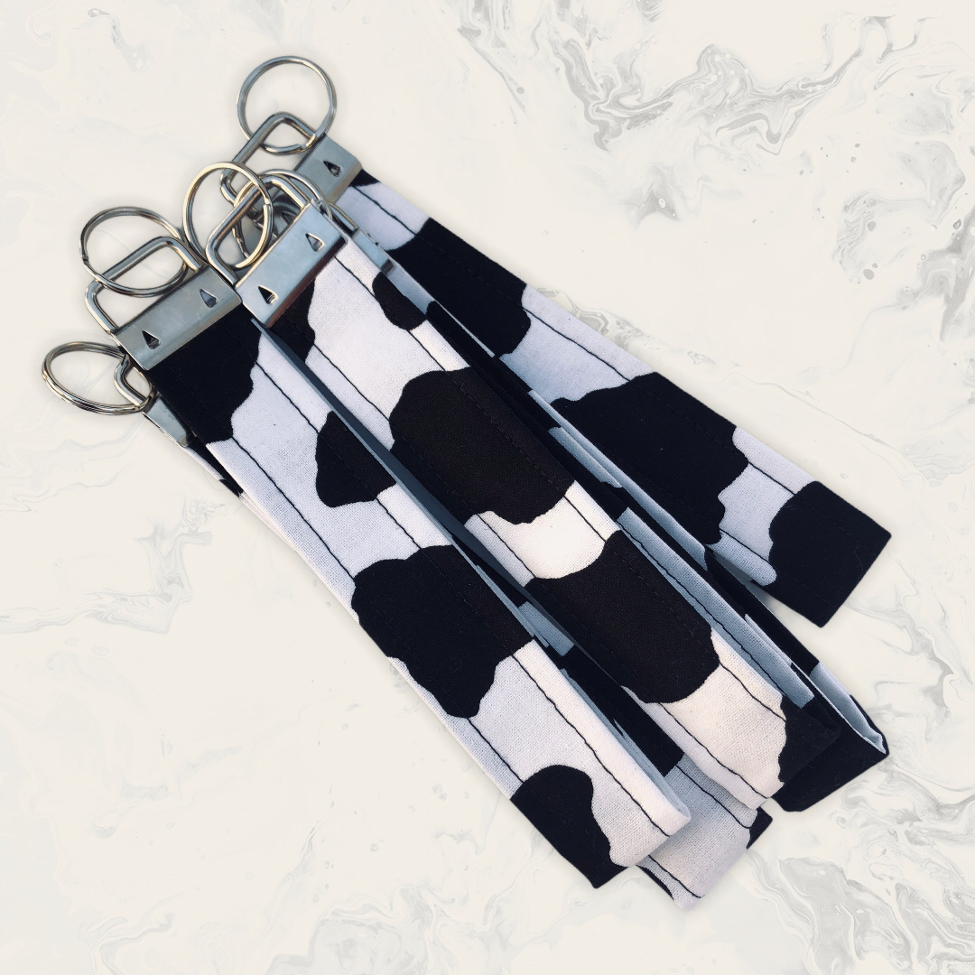 Black and White Cow Print Fabric Wristlet Keychain, Key Fob