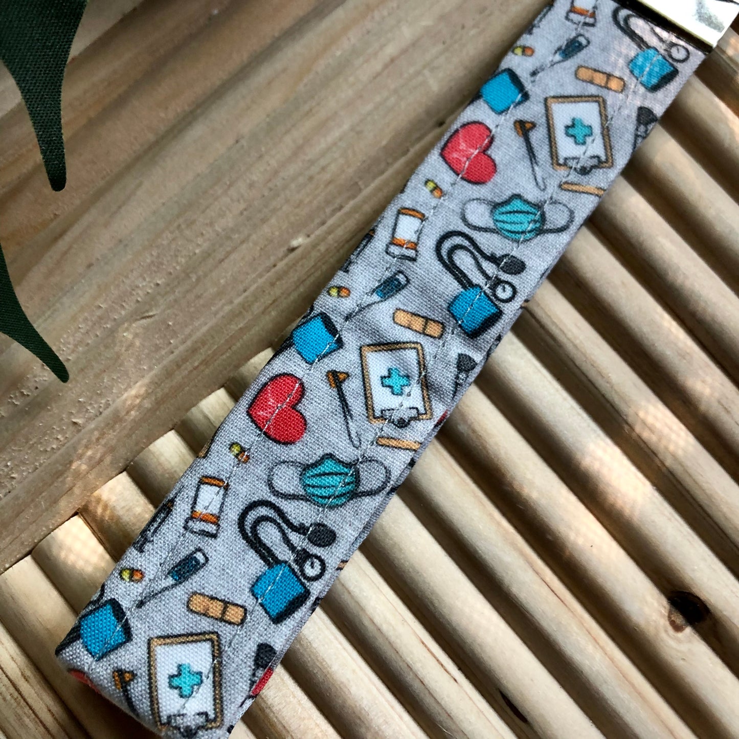 Grey Medical Print Fabric Wristlet Keychain, Key Fob