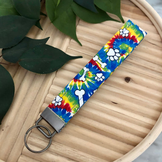 Rainbow Tie Dye Paw Print Fabric Wristlet Keychain, Key Fob