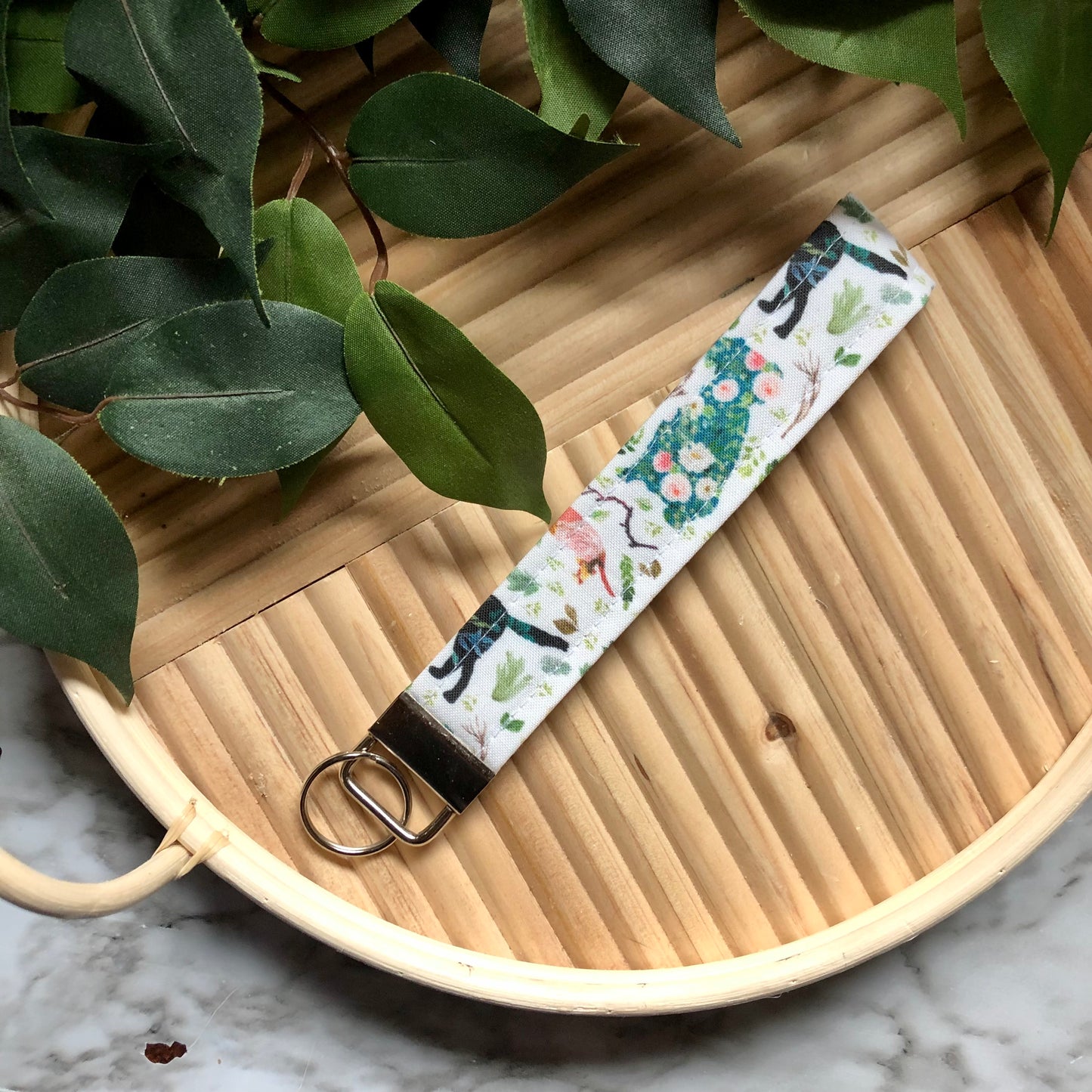 Floral Dog Silhouette Print Fabric Wristlet Keychain, Key Fob