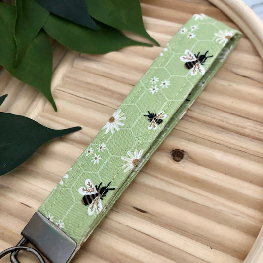 Green Bees & Daisies Print Fabric Wristlet Keychain, Key Fob