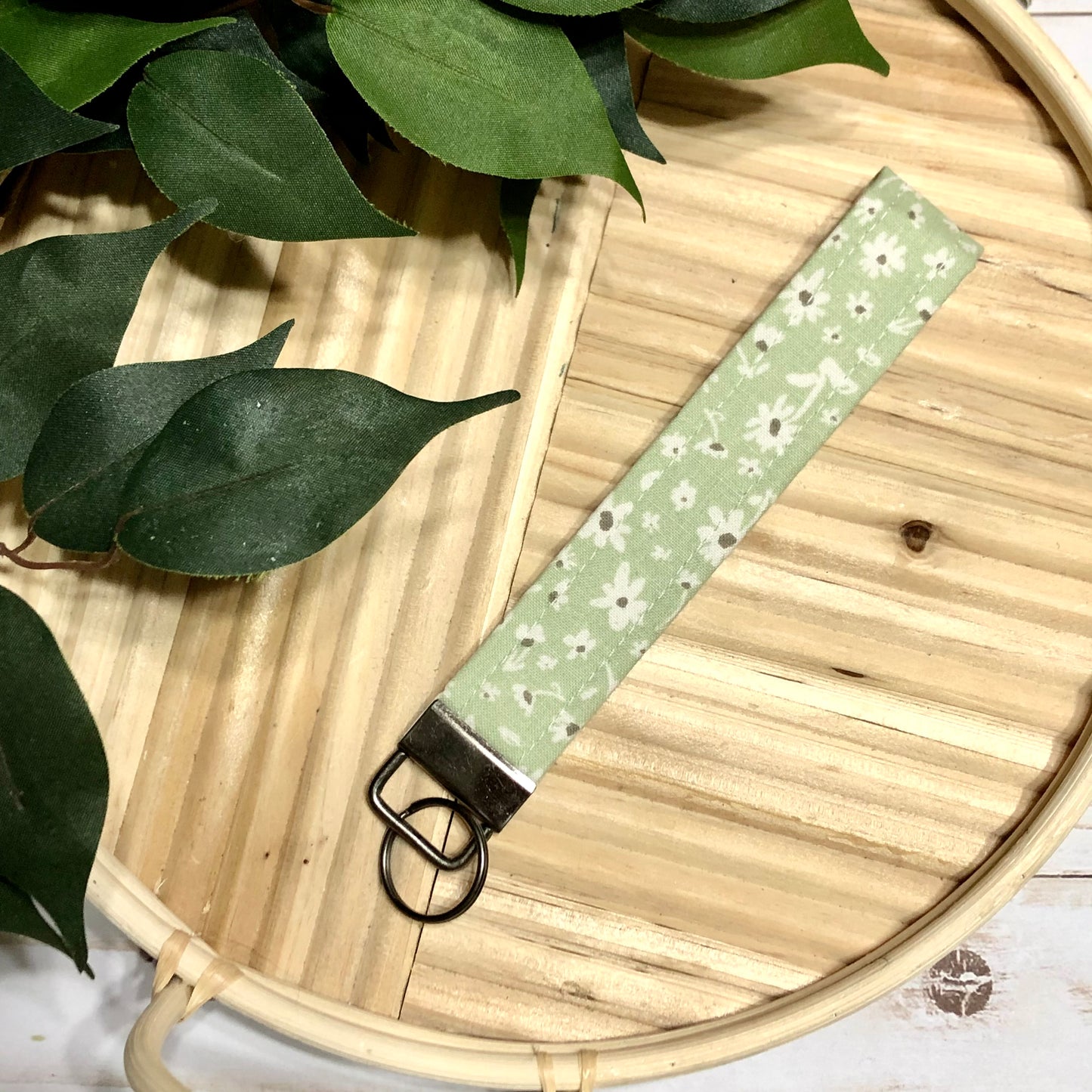 Sage Floral Print Fabric Wristlet Keychain, Key Fob