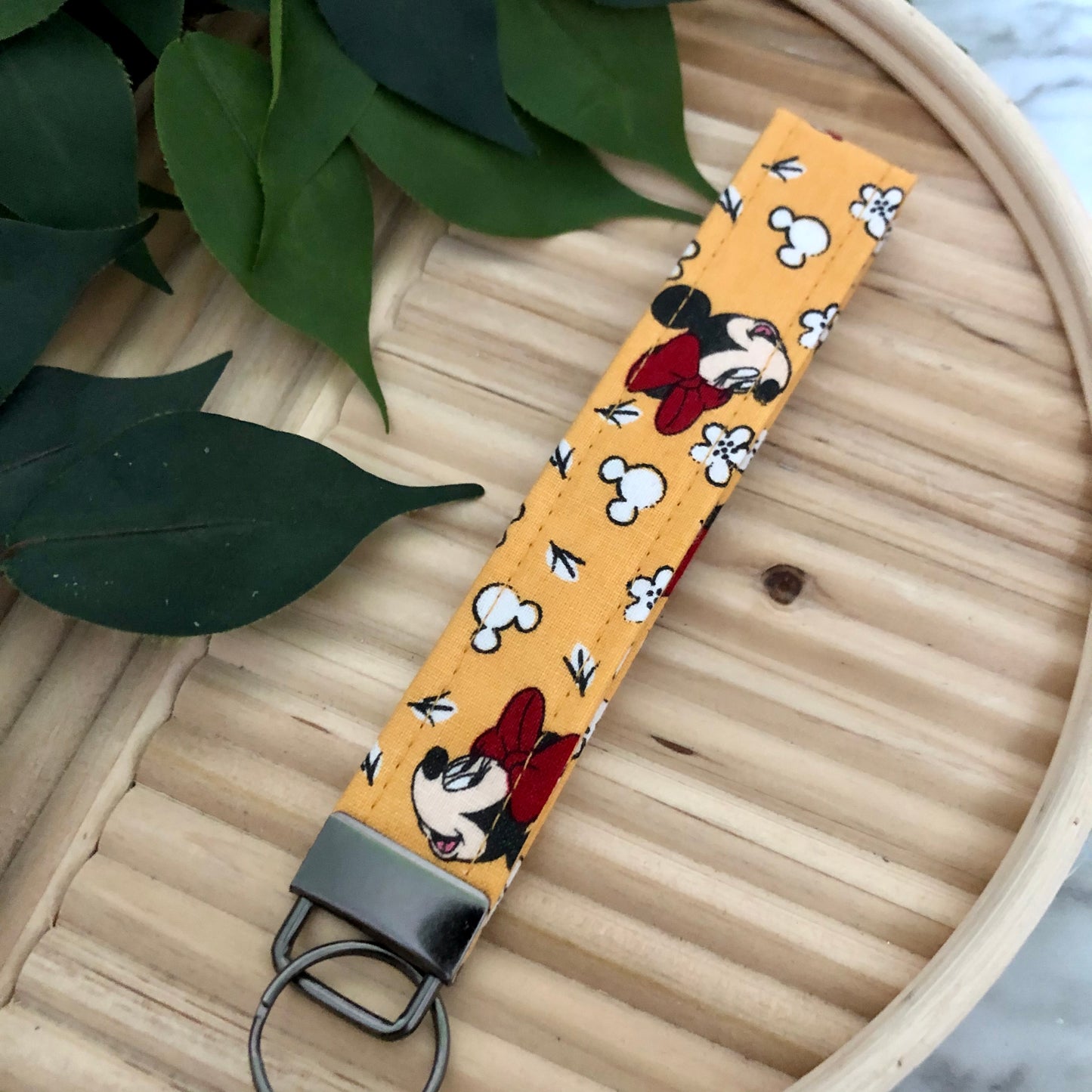 Orange Minnie Print Fabric Wristlet Keychain, Key Fob