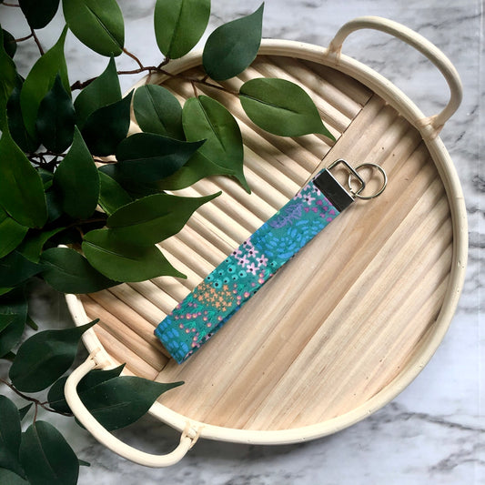 Teal Spring Floral Print Fabric Wristlet Keychain, Key Fob