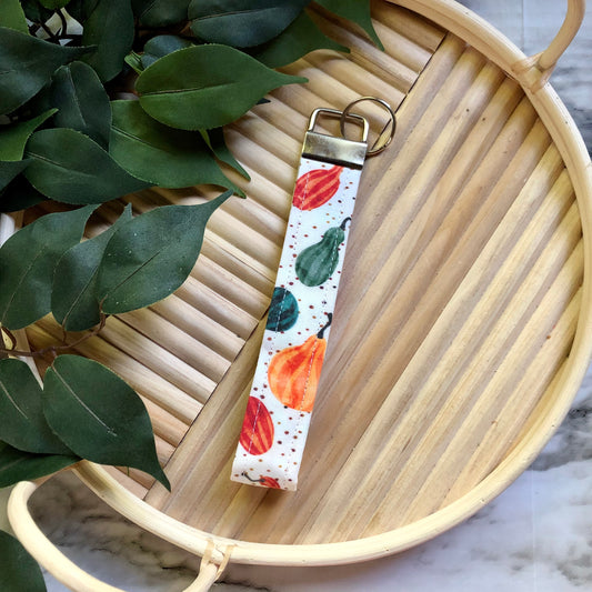 Fall Gourds Print Fabric Wristlet Keychain, Key Fob