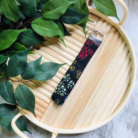 Black Rainbow Paw Print Print Wristlet Keychain, Key Fob