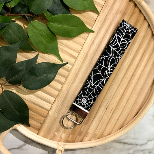 Silver Metallic Spider Web Print Fabric Keychain, Key Fob