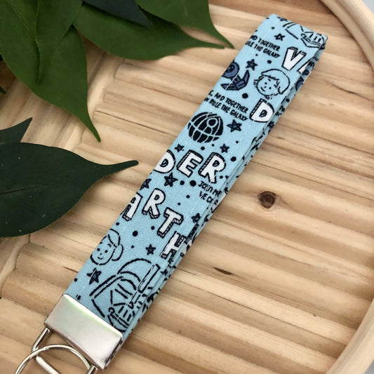 Blue Darth Vader Star Wars Print Fabric Wristlet Keychain, Key Fob