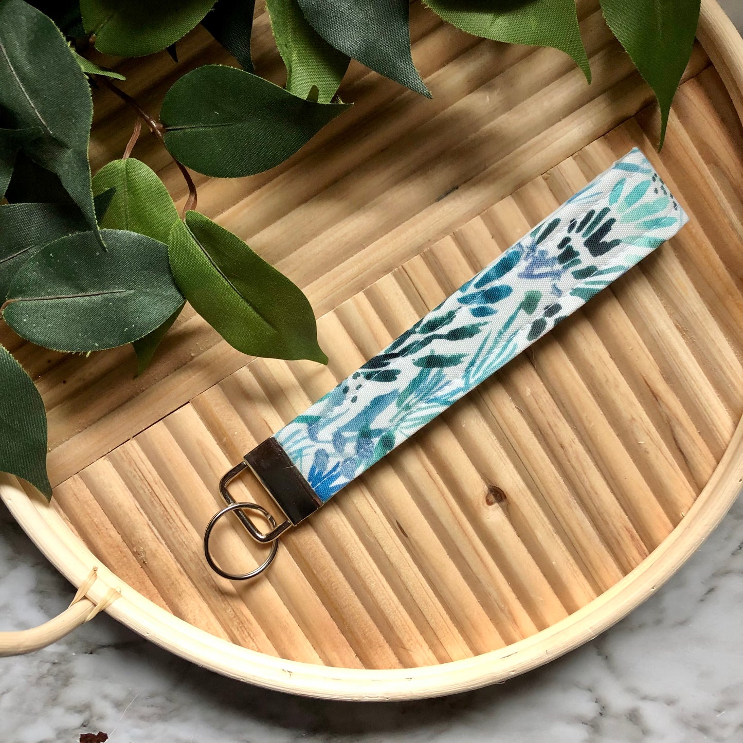 Blue Garden Print Fabric Wristlet Keychain, Key Fob