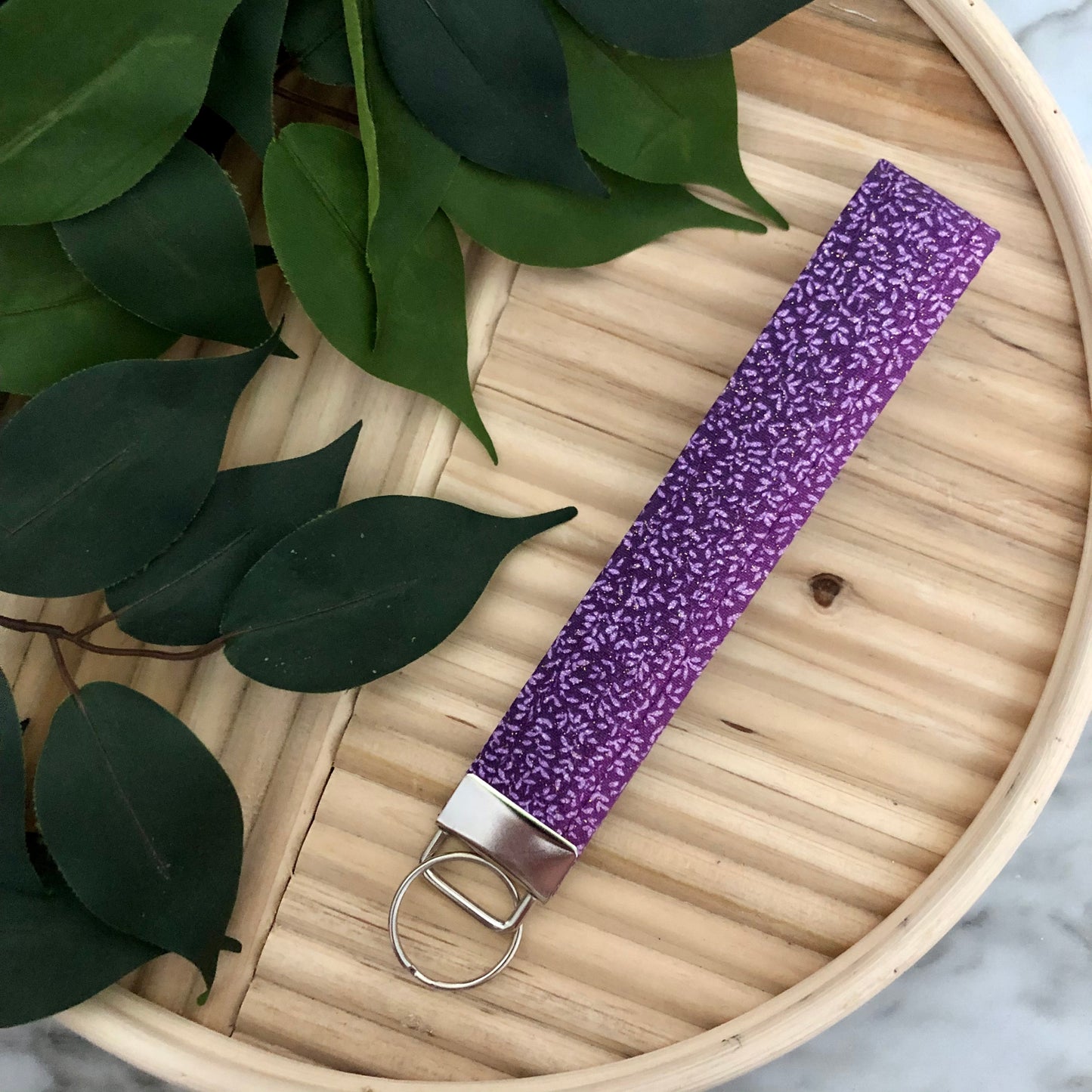 Purple Ombré Glitter Print Fabric Wristlet Keychain, Key Fob