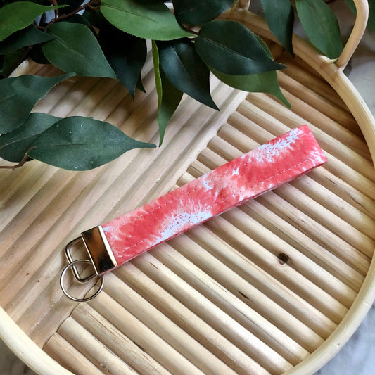 Coral and White Tie Dye Print Wristlet Keychain, Key Fob