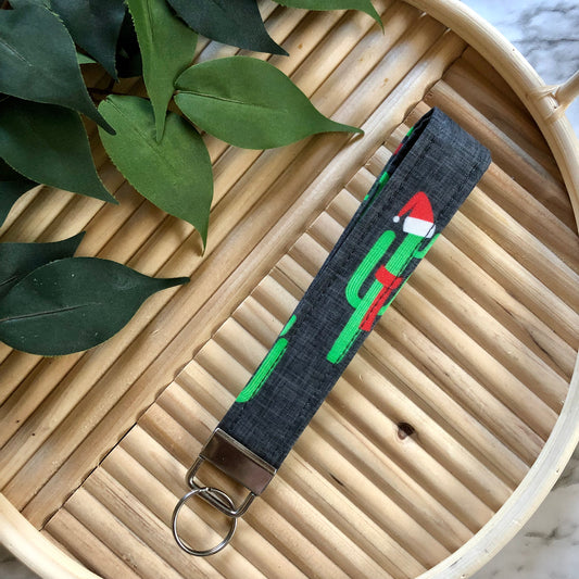 Holiday Cactus Print Fabric Keychain, Key Fob