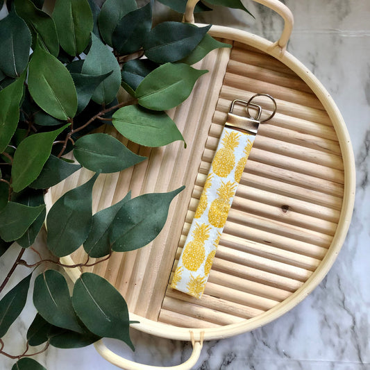 Golden Yellow and White Pineapple Print Fabric Keychain, Key Fob
