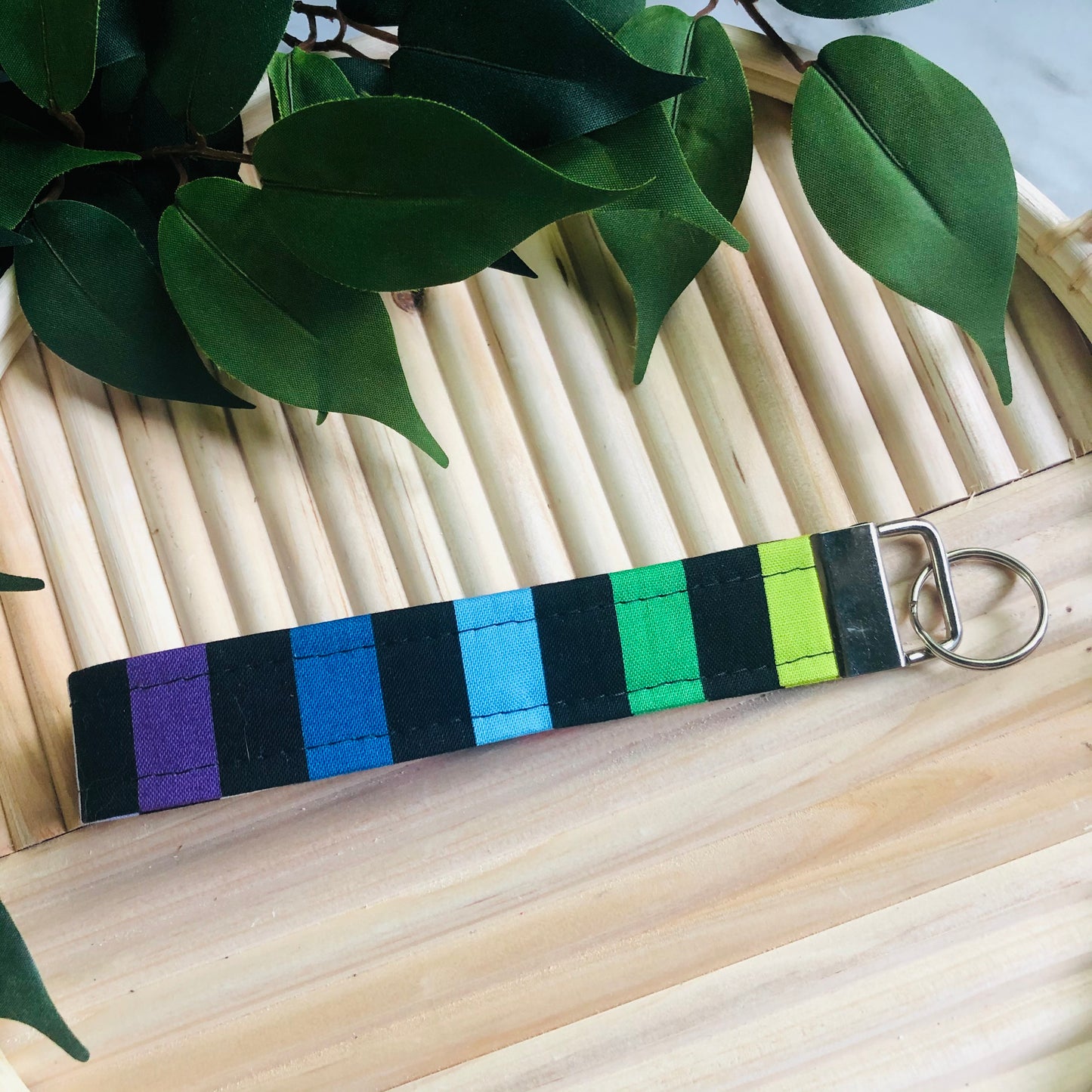 Black and Rainbow Stripe Print Fabric Wristlet Keychain, Key Fob