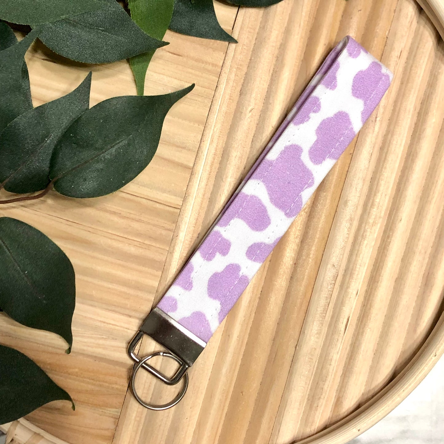 Purple Cow Print Fabric Wristlet Keychain, Key Fob