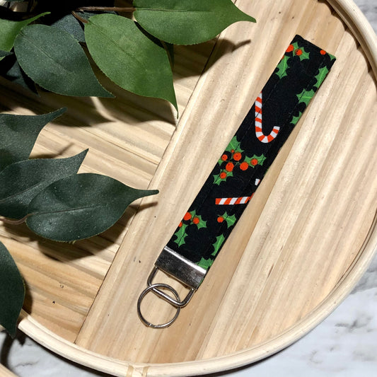 Holly & Candy Canes Holiday Print Fabric Wristlet Keychain, Key Fob