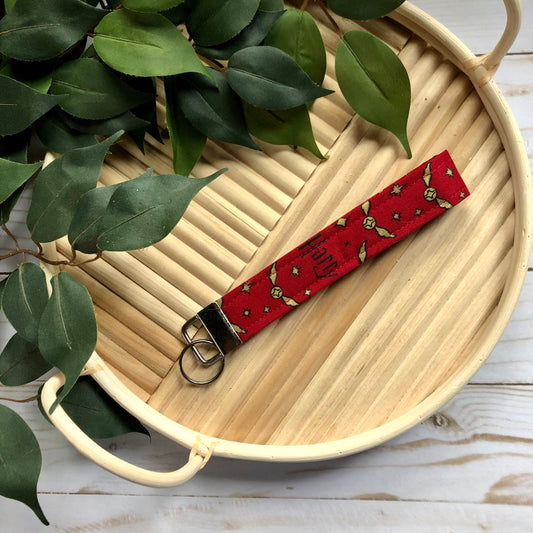 Harry Potter Red Golden Snitch Print Fabric Wristlet Keychain, Key Fob