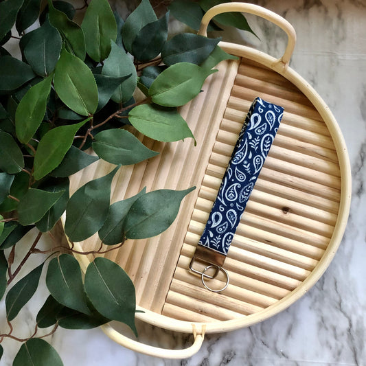Navy Paisley Print Fabric Keychain, Key Fob, Navy Hanker-chief Print