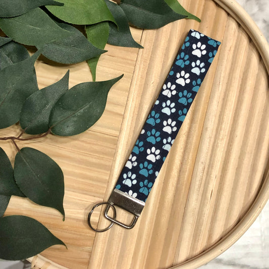 Navy Paw Print Fabric Wristlet Keychain, Key Fob