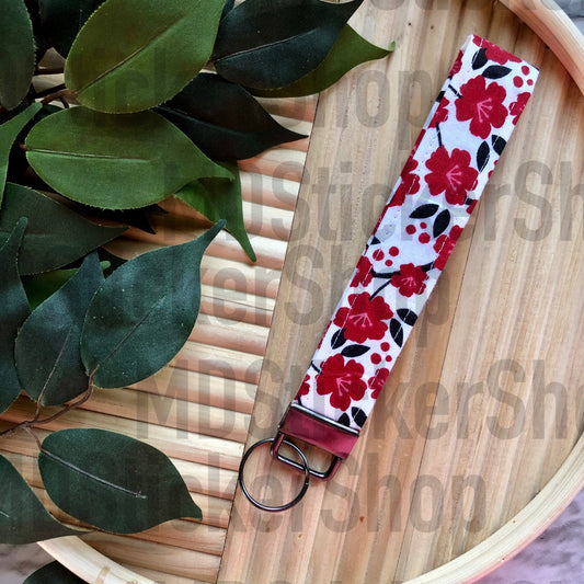 Red Floral Print Fabric Keychain