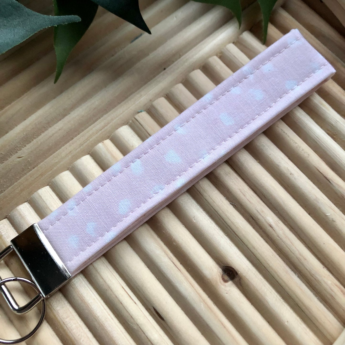 Light Pink Dot Print Fabric Wristlet Keychain, Key Fob