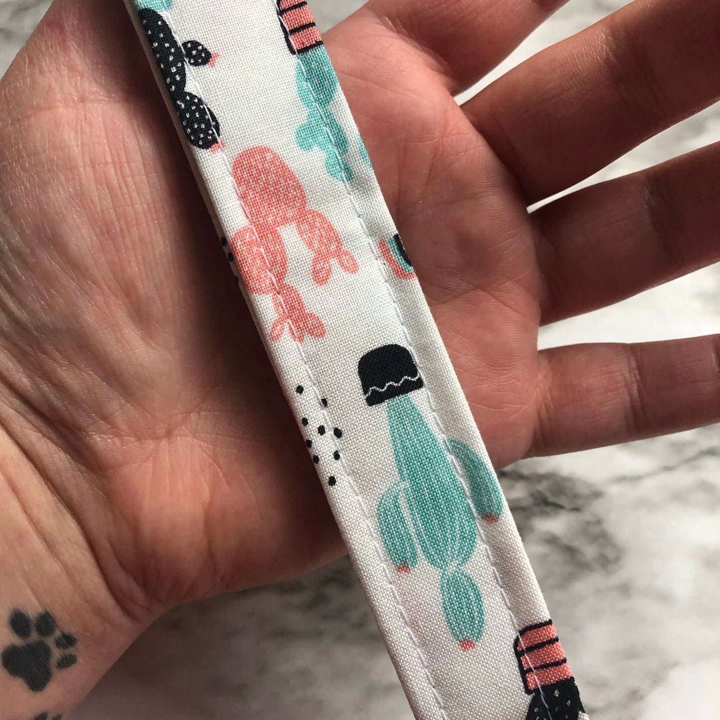 Pink, Aqua, and Black Cactus Print Fabric Wristlet Keychain, Key Fob