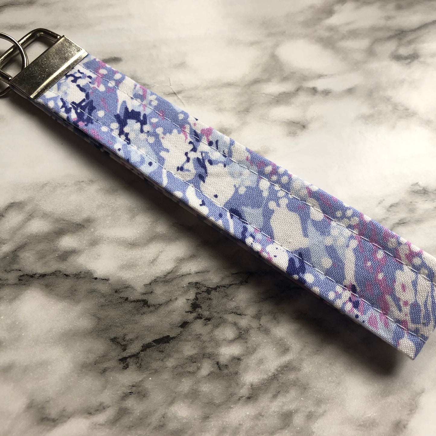 Purple and White Splatter Print Fabric Wristlet Keychain, Key Fob