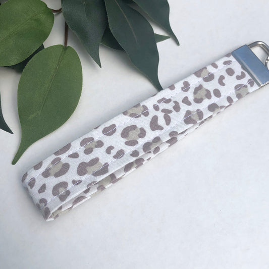 Light Brown and Cream Leopard Print Fabric Wristlet Keychain, Key Fob