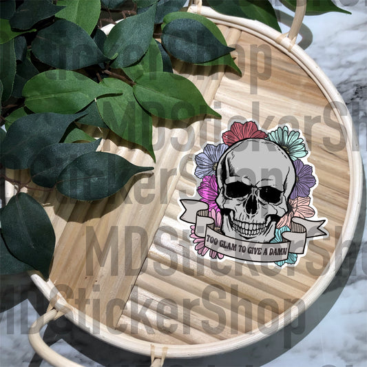 Too Glam To Give A Damn Floral Skellie Vinyl Sticker