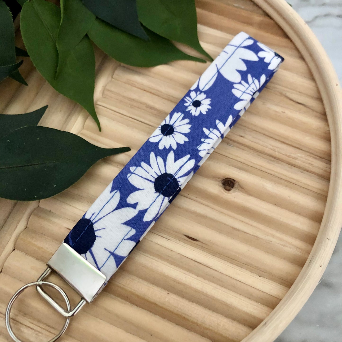 Purple Daisy Print Fabric Wristlet Keychain, Key Fob