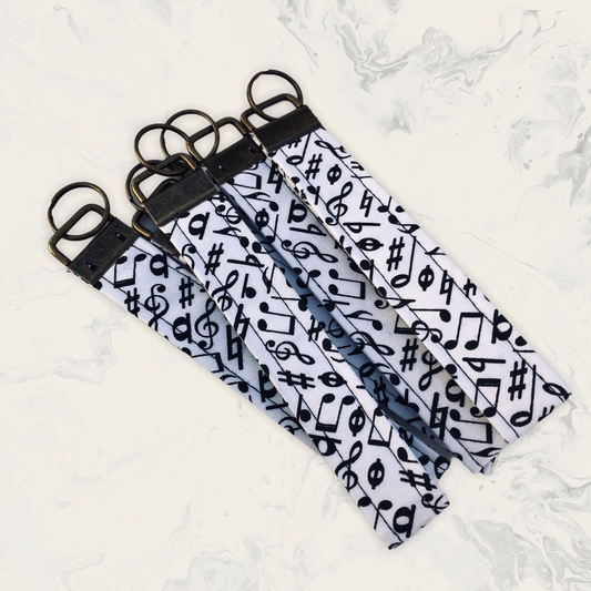 Black and White Music Notes Print Fabric Wristlet Keychain, Key Fob