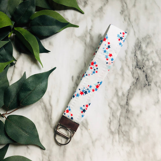White with Patriotic Stars Print Fabric Wristlet Keychain, Key Fob