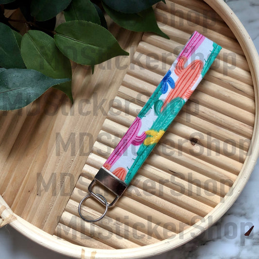 Colorful Cactus Print Fabric Keychain