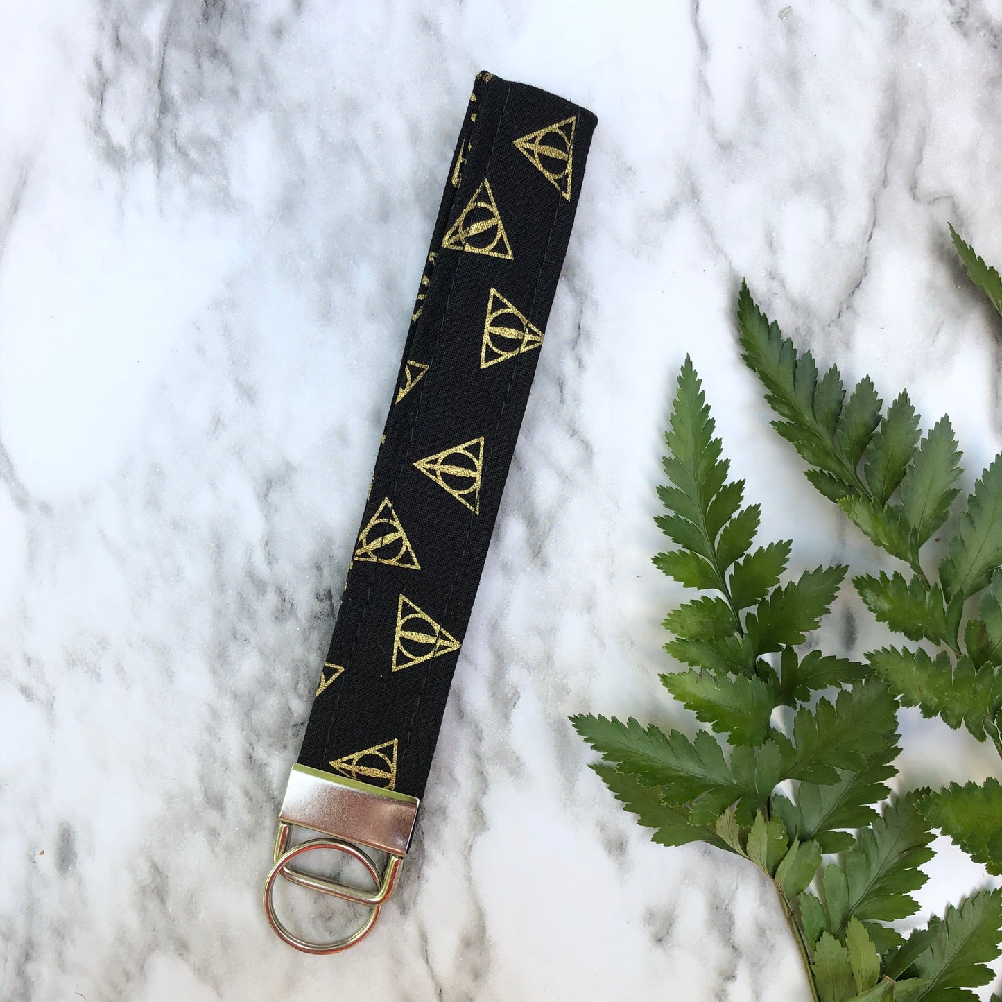Harry Potter Deathly Hallows Black and Glittery Gold Print Wristlet Keychain, Key Fob