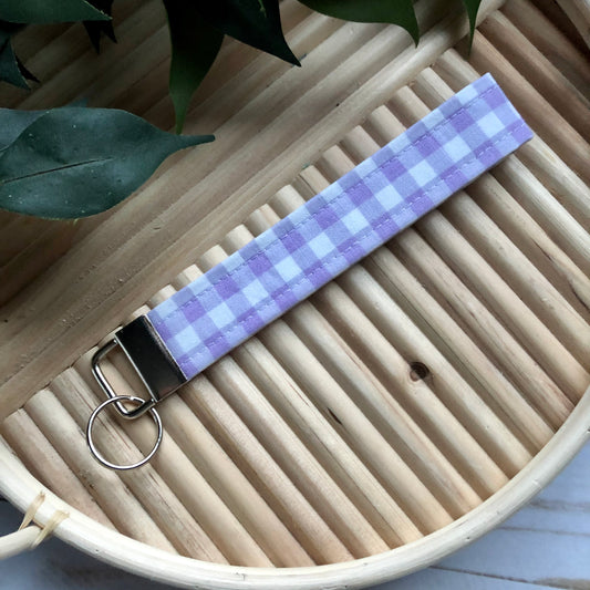 Light Purple Gingham Print Fabric Wristlet Keychain, Key Fob
