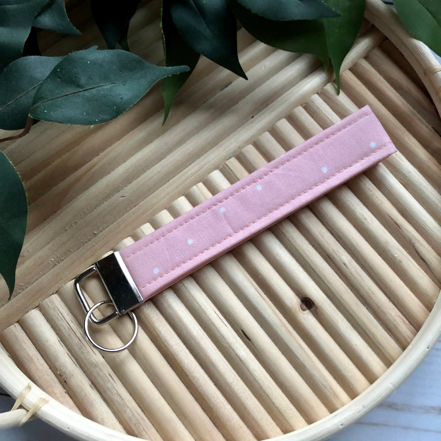 Pink Polka Dot Print Fabric Wristlet Keychain, Key Fob