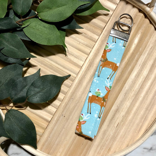 Blue Reindeer Holiday Print Fabric Wristlet Keychain, Key Fob