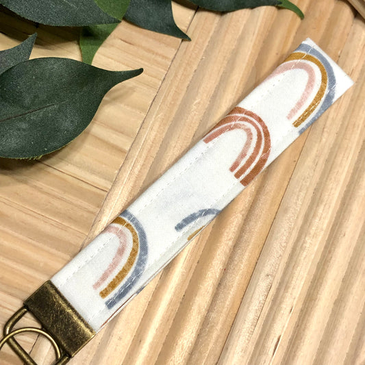 Natural Rainbow Print Fabric Wristlet Keychain, Key Fob