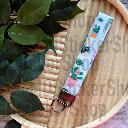 White Indoor Plant Print Fabric Keychain