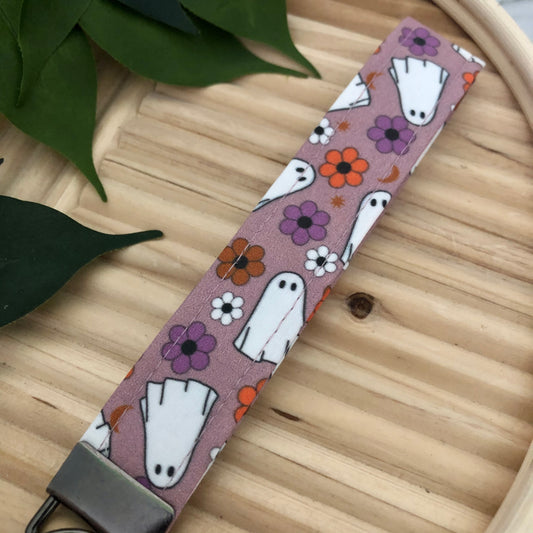 Floral Ghost Print Fabric Wristlet Keychain, Key Fob